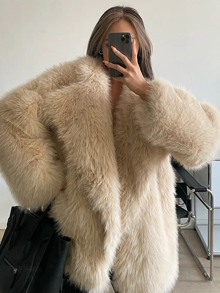 Retro Thick Fluffy Faux Fur Coat Women Casual Warm Turn-down Collar Open Coats Female Autumn Winter Loose Soft Street Outwear