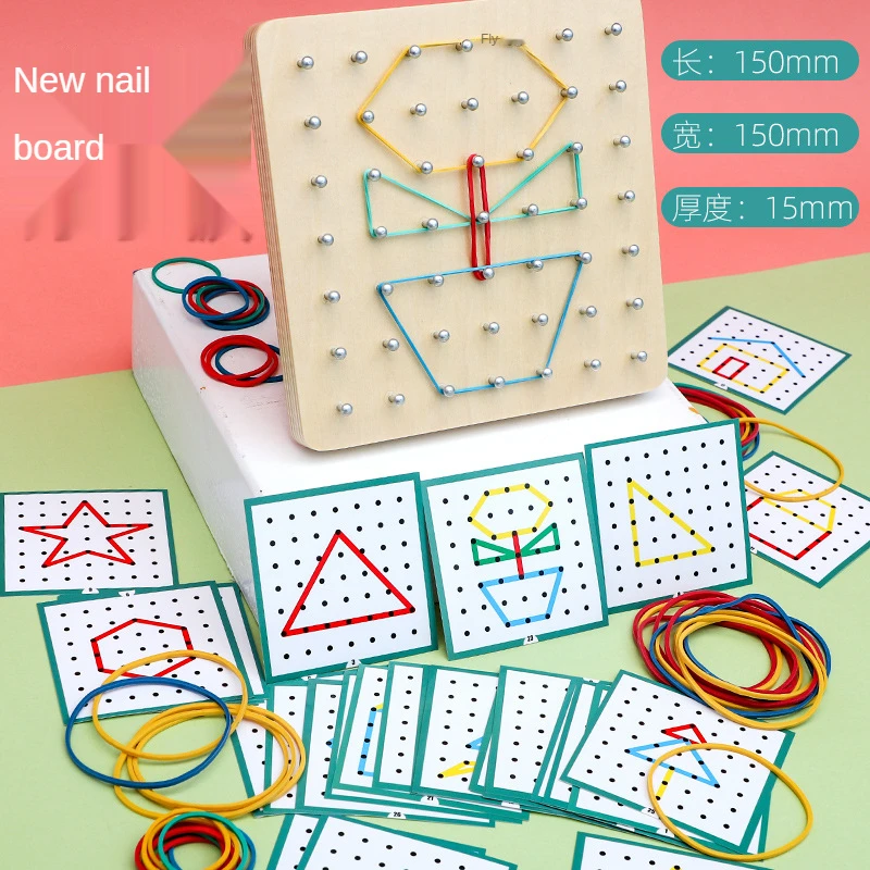 Children Math Wooden Toys Set Geometric Shape Rubber Band Nailboard Game Montessori Educational Creative Toy Fine Motor Training