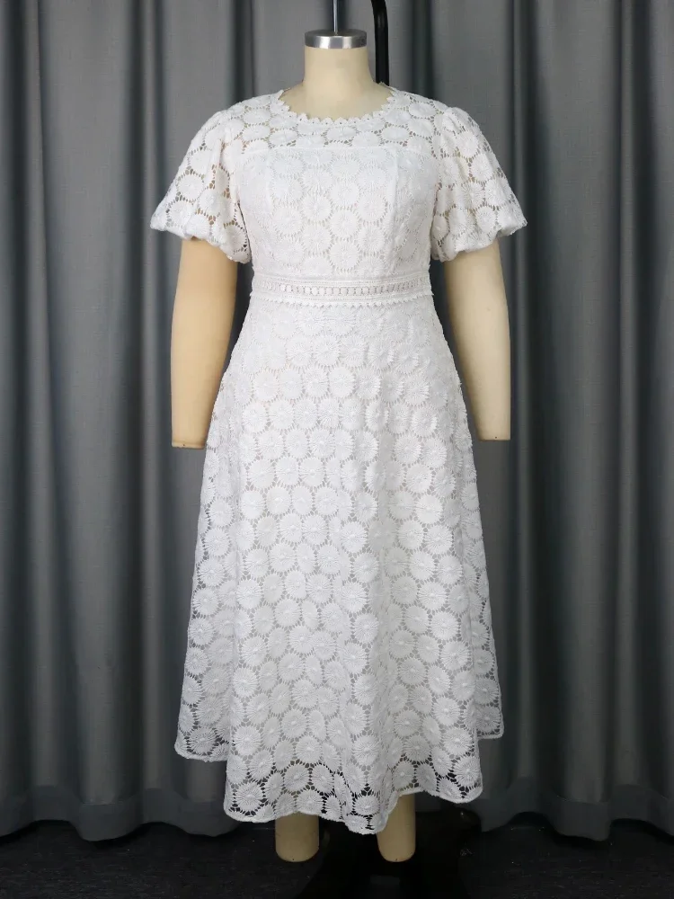 White Lace Long Women Dresses for Wedding Floral A Line Mid Calf Half Puff Sleeves O Neck High Waist Dress view 2