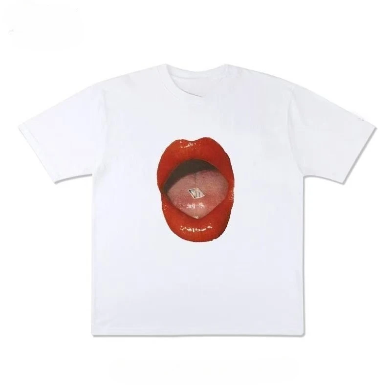 

Европейская и американская футболка High Street Lip, винтажная ретро-хип-хоп с короткими рукавами, женская футболка из чистого хлопка с круглым вырезом, модная летняя шикарная футболка