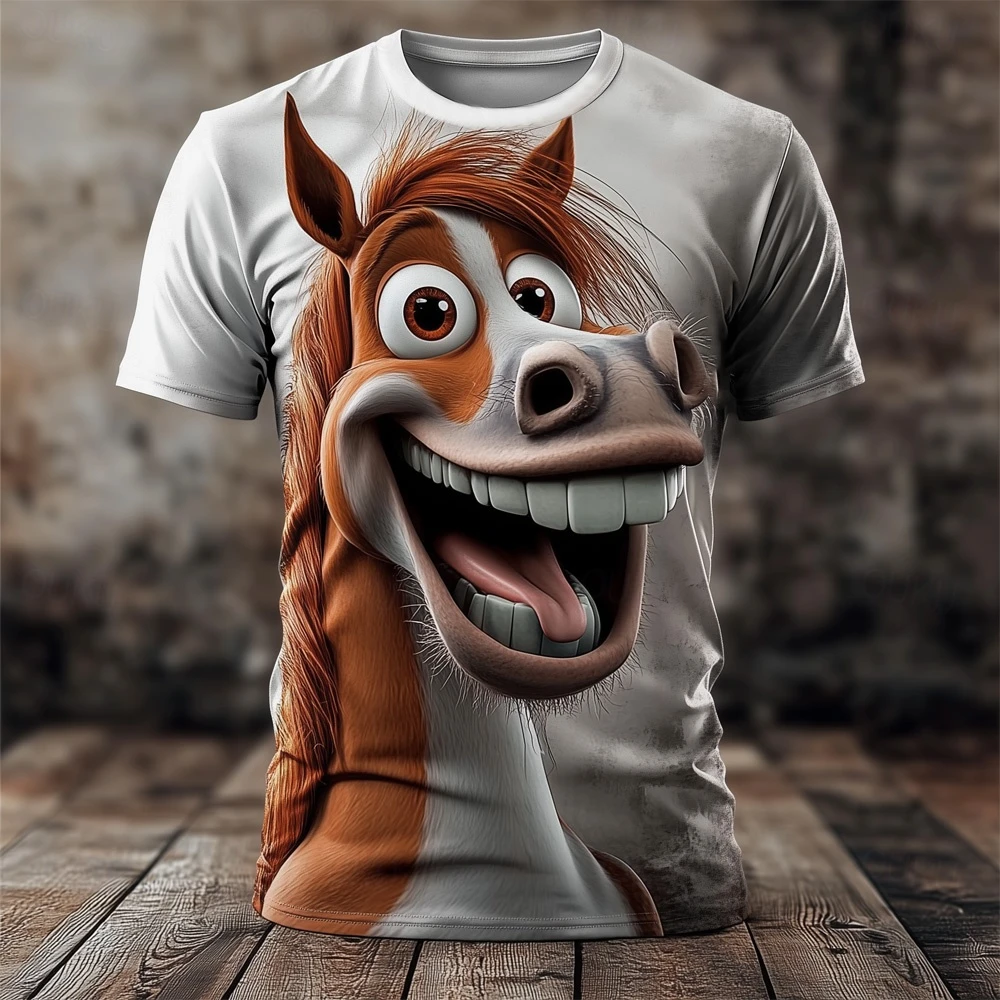 Men's Funny Horse T-Shirt 3D Animal Print Short Sleeve T-Shirt Exaggerated Party Top Casual Street Fashion Style Summer Clothing