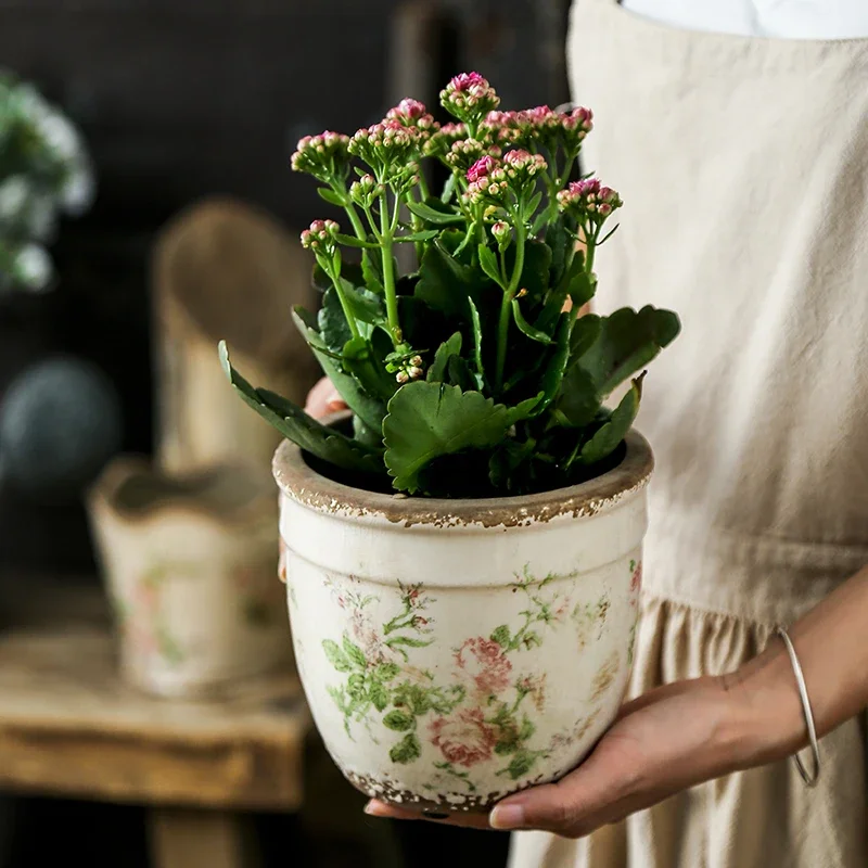 French Retro Vintage Pink Rose Ceramic Flower Pots Horticultural Flowers Green Plants Hydroponic Decorations