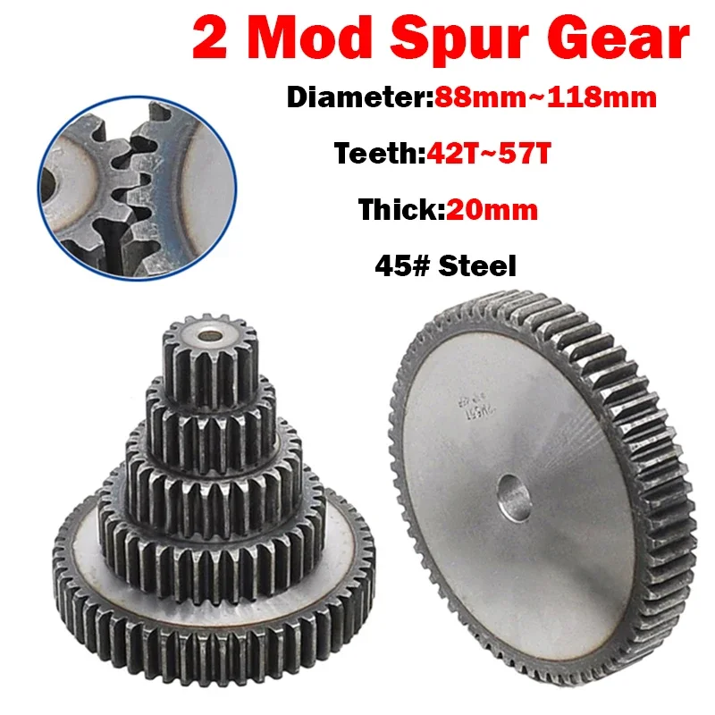 1PCS 45# Steel 2 Mod Spur Gears 42/43/44/45/46/47/48/49/50/51/52/53/54/56/57 Teeth Thickness: 20mm Transmission Gear For CNC