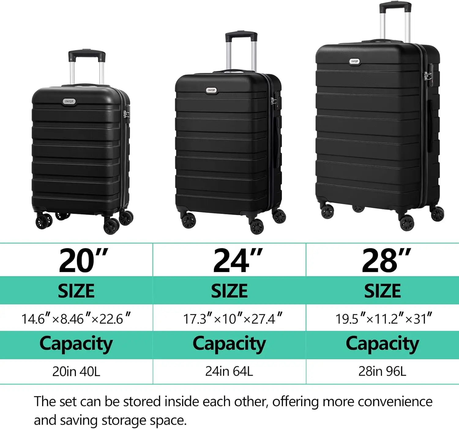 Lightweight ABS Hardshell 3-Piece Suitcase Set with 4 Spinner Wheels, TSA Lock, Ideal for Travel and Luggage Organization