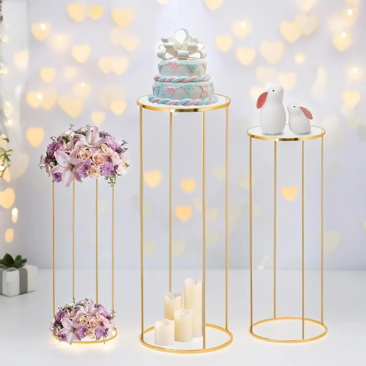 3-Piece Gold Metal Plant Stand, Cylinder Pedestal Stands for Party, Metal Plant Column Pedestals for Display, Round Cylinder Column Tables for Weddings, Cake Stands and Floor Plant Tables