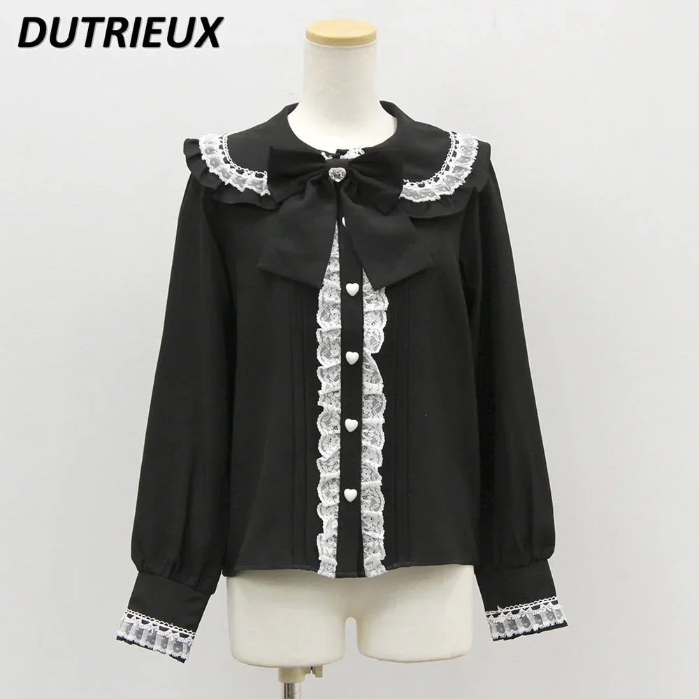 Spring New Japanese Sweet Cute Girls Lace Bottom Shirt Solid Color Versatile Big Bow Blouse Lolita Doll Collar Long Sleeve Tops