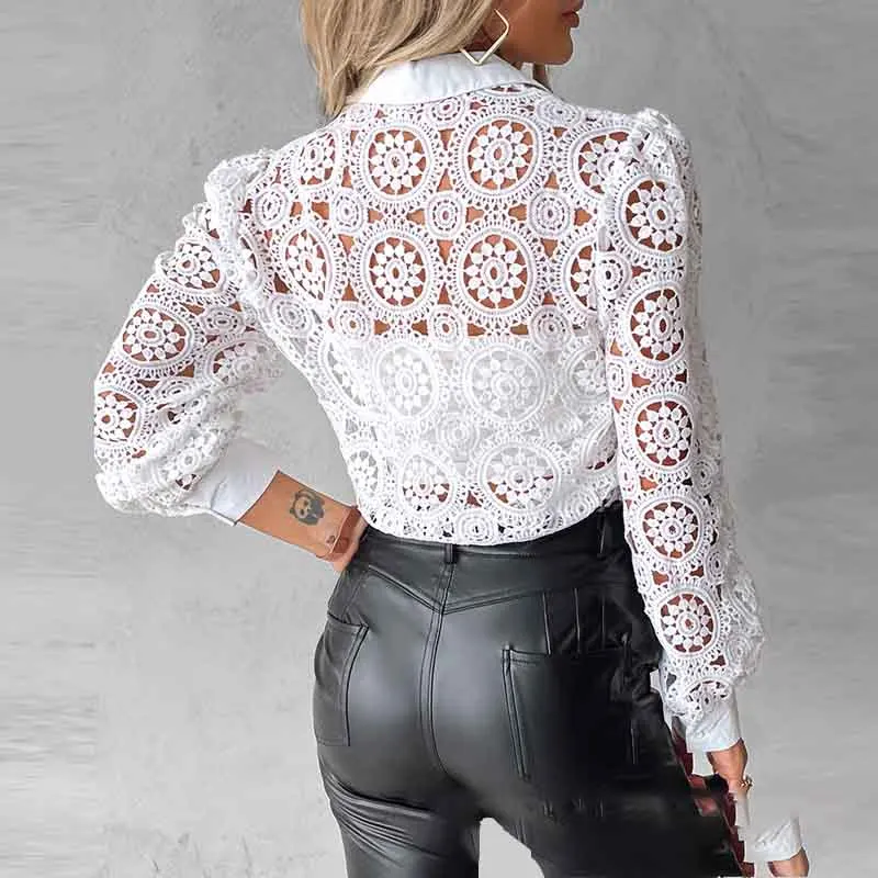 blusas elegantes para mujer 2024 Women White Lace Shirt, Unlined Long Sleeved Shirt, Fashionable Hollowed Out Vintage Top