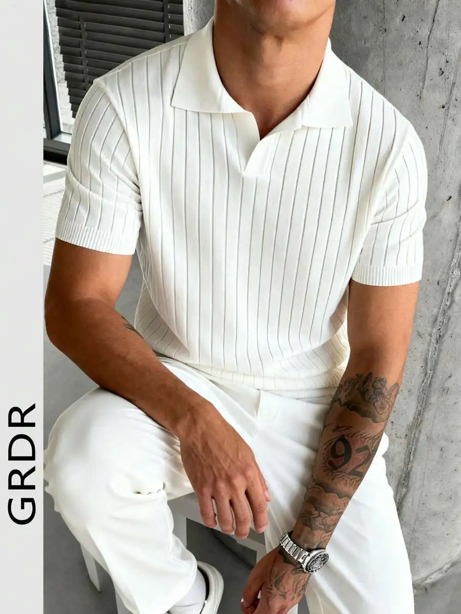 

Men's Loose Fit Ribbed Knit Polo Shirt, Short Sleeve, Summer Casual