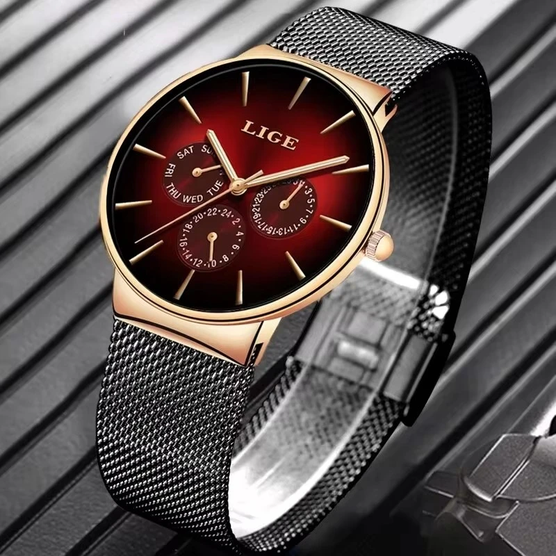 LIGE Men\'s Watches Classic Fashion Original Quartz Watch for Man Waterproof Luminous Chronograph Moon Date Week Clock Wristwatch