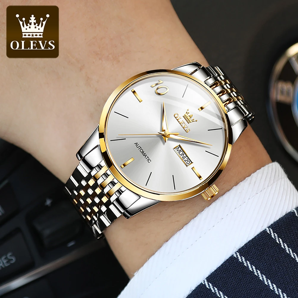 OLEVS 6632 Fashion Mechanical Watch Gift Stainless Steel Watchband Round-dial Wristwatch Week Display Calendar Luminous