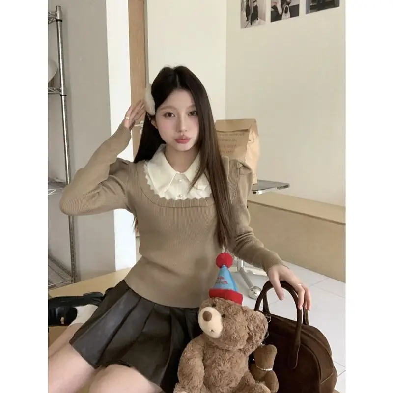Kimotimo 2026 New Fake Two Piece Knit Top Women Spring Autumn Short Solid Color Slim Fit Versatile Base Layer Shirt