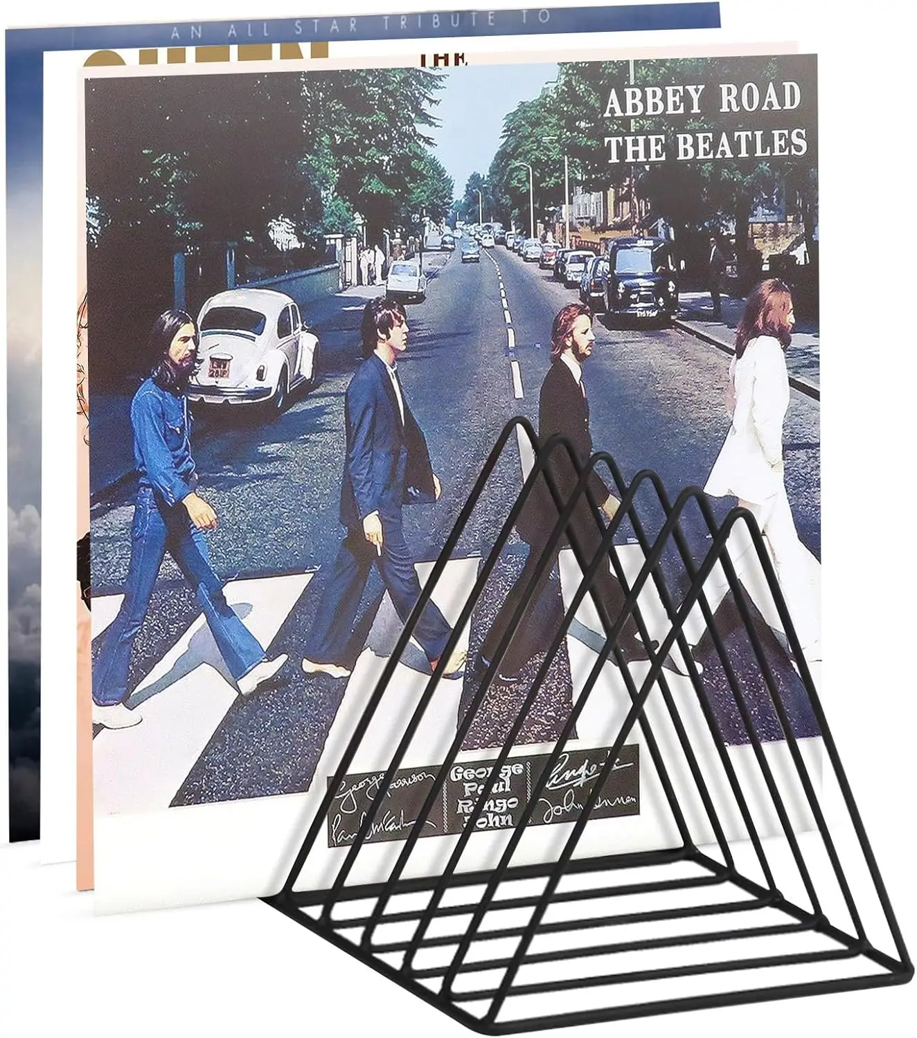 

9-Slot Vinyl Record Holder, Desktop Storage for Up to 30 Records, Metal Magazine Rack Triangle File Organizer in Black