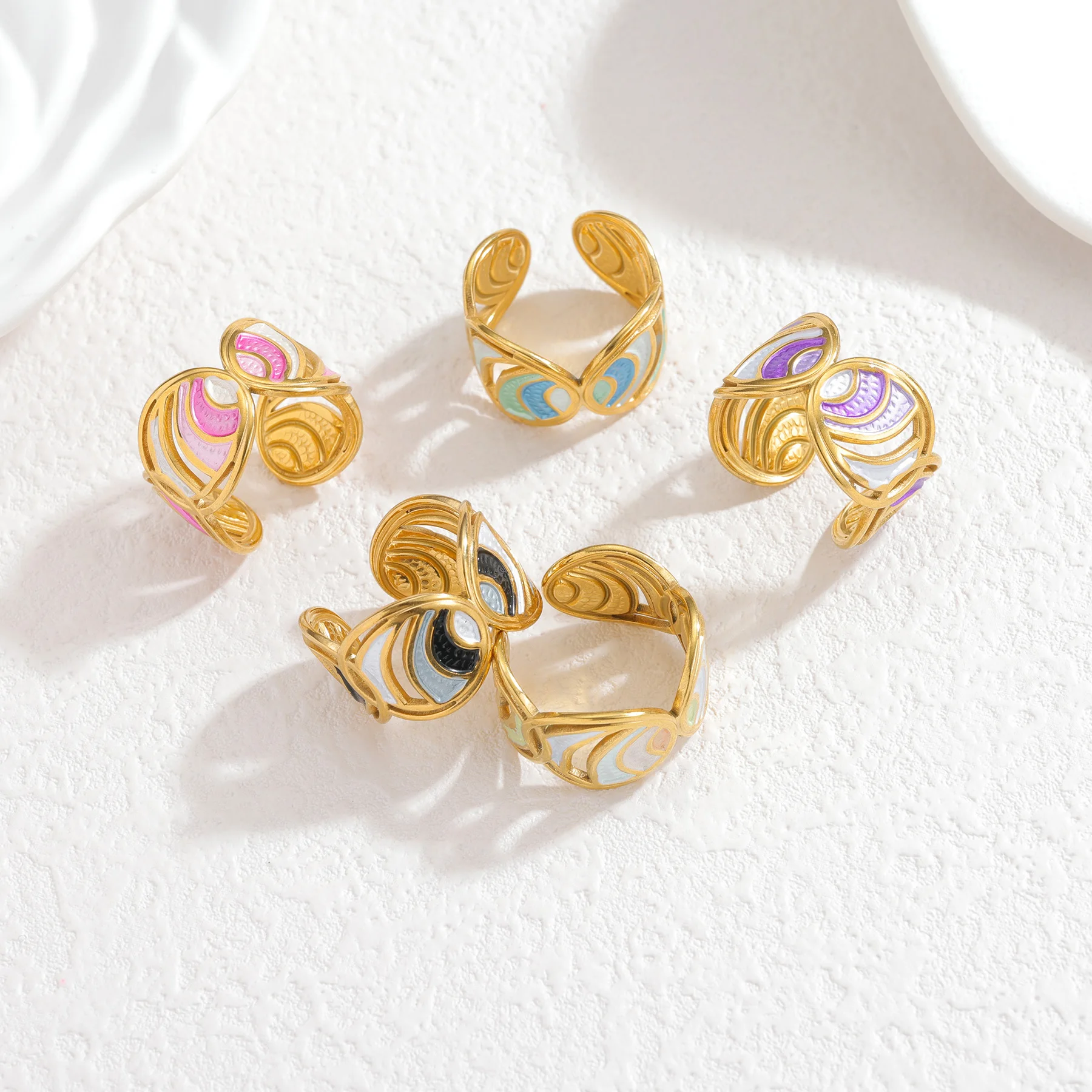 Atoztide موضة غير النظامية الملونة النفط نازف الدائري للنساء الفولاذ المقاوم للصدأ ضبط بيان حلقة مفتوحة زوجين مجوهرات هدية