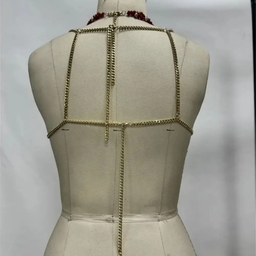 Catena per il corpo con perline di cristallo al collo appeso Y2k Hot Girl Capispalla con diamanti scintillanti Gilet versatile traforato per le vacanze estive per le donne