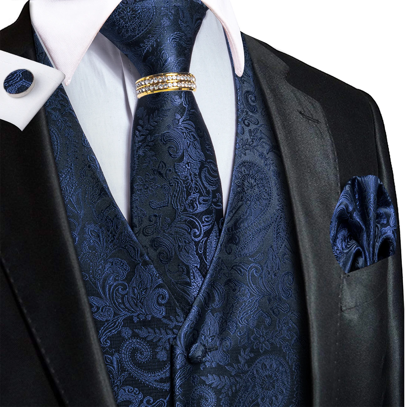 Navy Paisley V-Neck Vest Accessory Kit Tie Pocket Square Cufflinks Ring For Vintage Anniversary Gala