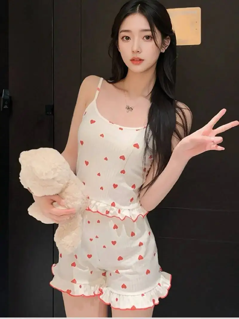 여름 새로운 캐미솔 반바지 세트 섹시한 꽃 여성 홈웨어 잠옷 겉옷 달콤한 탱크 탑 반바지 세트 한국 여성 FSZ8