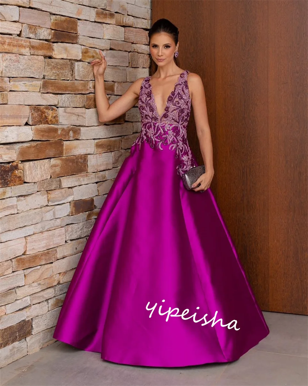 Customized S Embroidery Draped Celebrity Ball Gown V-neck Bespoke Occasion  Long Dresses