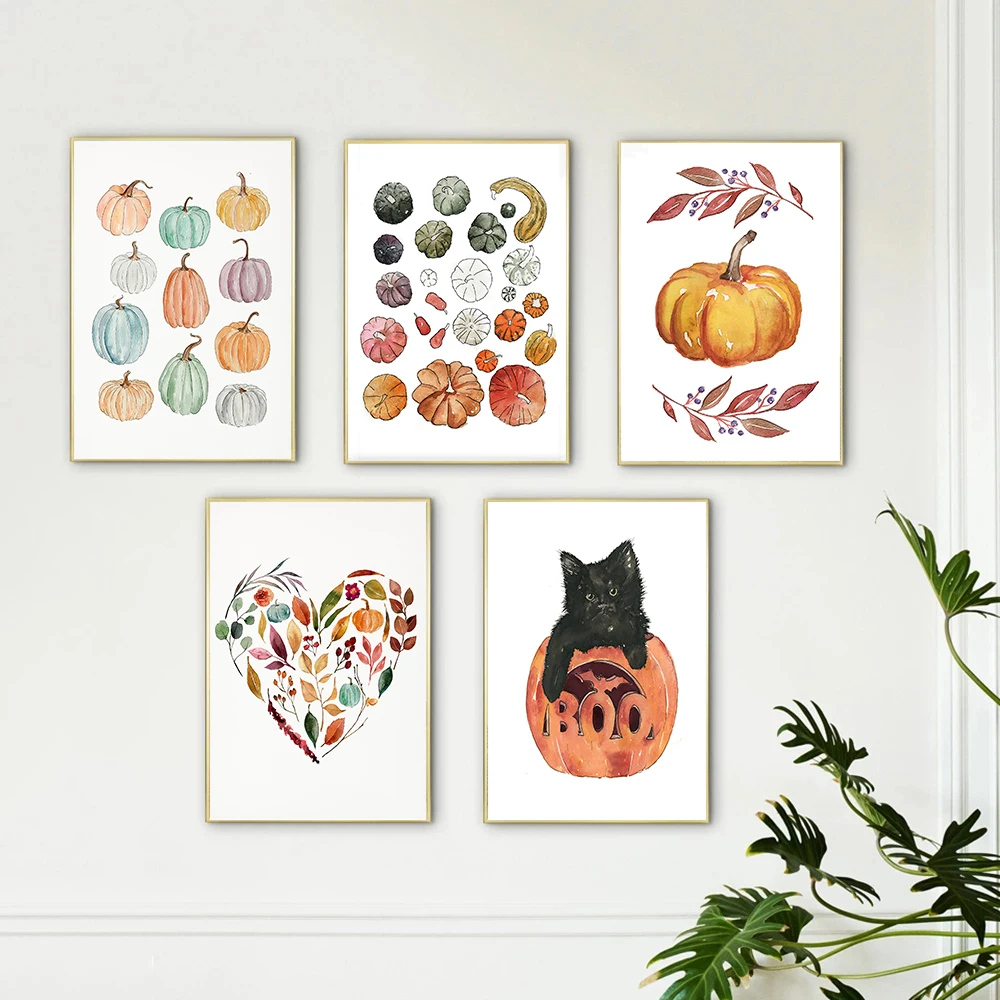 Pumpkin Sat Still, the Nordic Animal Watched – Fall Farmhouse Autumn Frameless Canvas for Modern Home Wall Art Decor