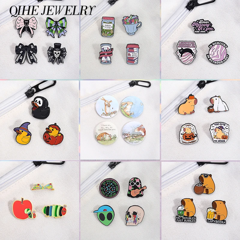 2-5Pcs/Set Comic Rabbit Caterpillar Butterfly Enamel Pins Halloween Capybara Skull Pumpkin Cat Brooch Lapel Badge Jewelry Gifts