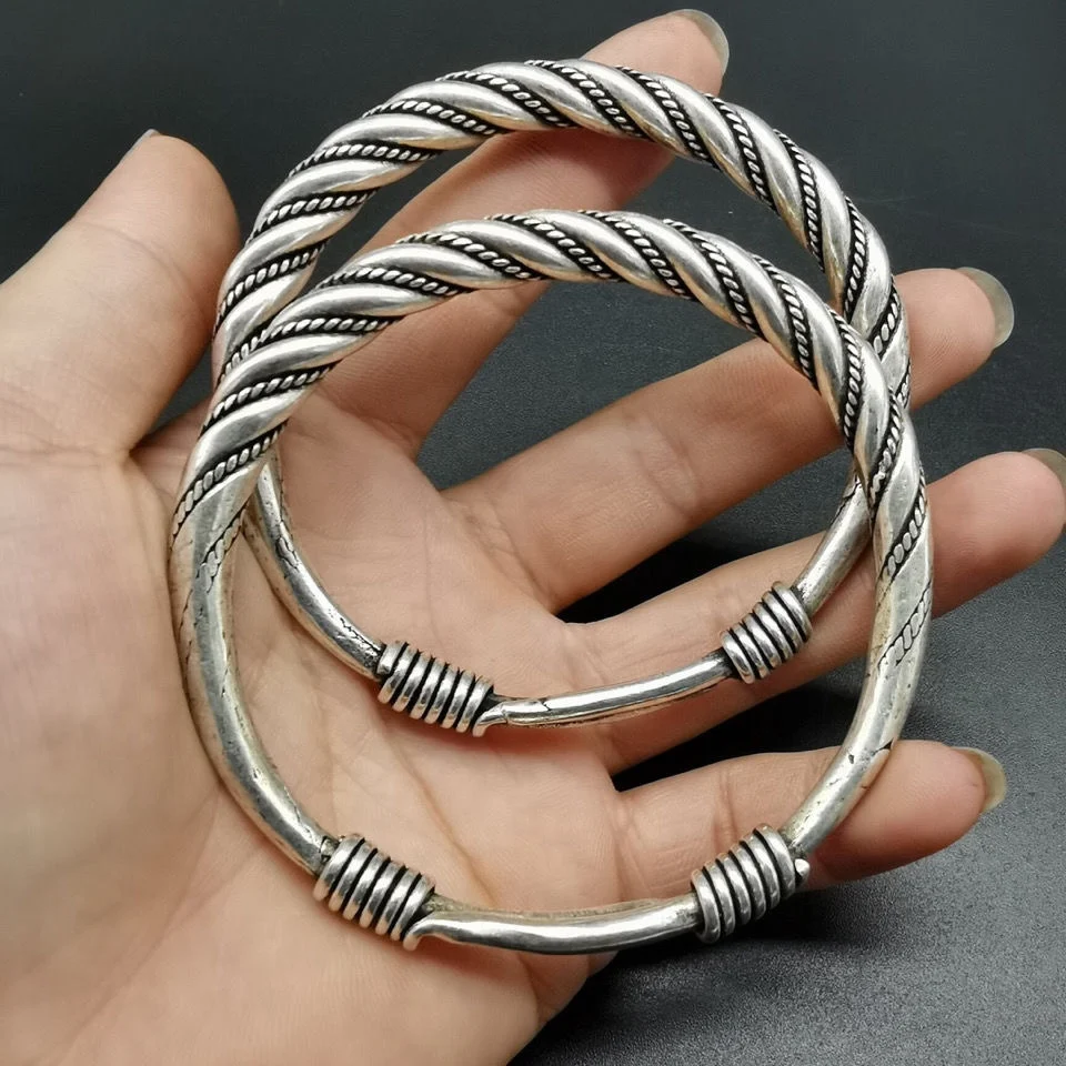 Wind white copper jewelry Tibetan silver bracelet hand twisted wire Fried Dough Twists round bar ethnic wind bracelet children