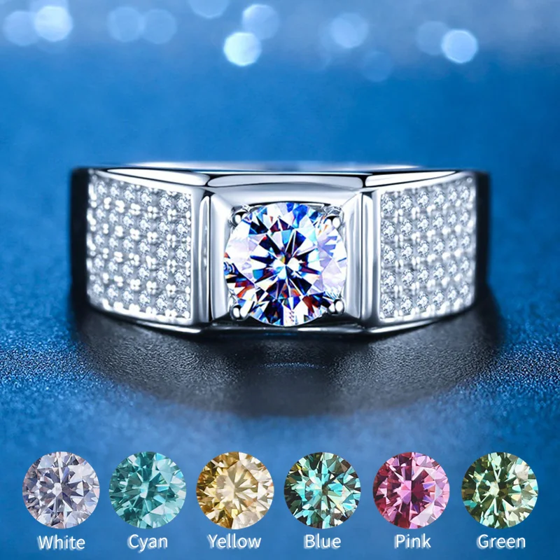 Luxury 1-2CT Moissanite Ring For Men Full Diamond Rings Blue Pink Red Yellow Green Gemstone S925 Sterling Silver Fine Jewelry