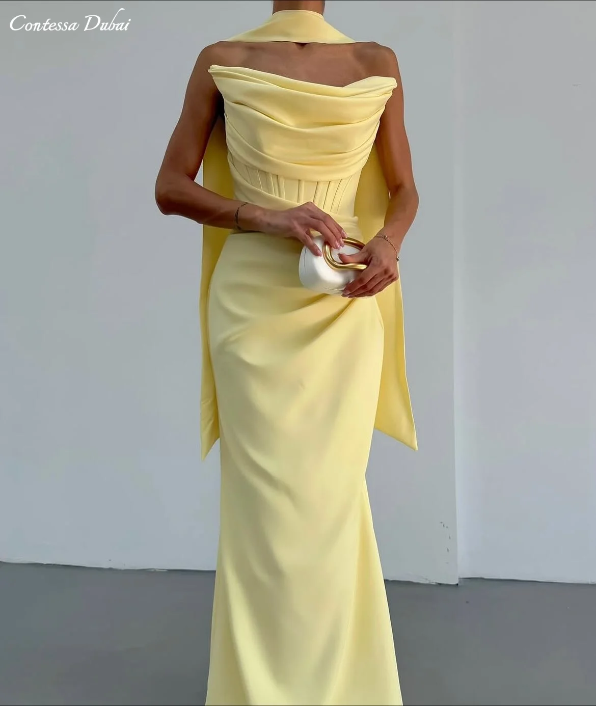 

Contessa Dubai Custom Cream yellow Flared Prom Gown With Cape Vestidos de noche Elegant Strapless Formal evening events dress