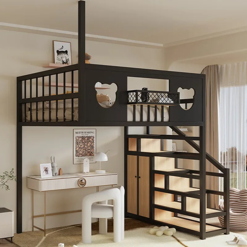 Wrought iron elevated bed space saving household second floor suspended bed loft bed