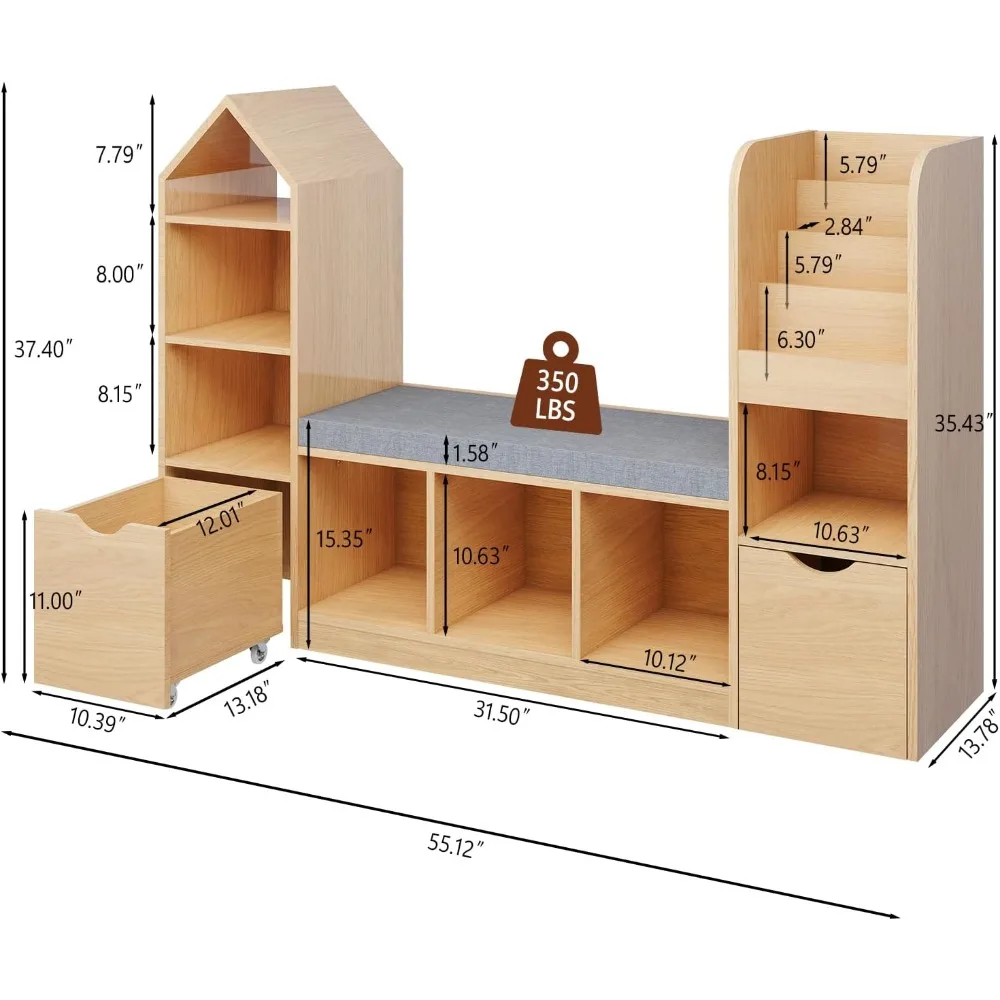 Kids Bookcase and Bookshelf with Reading Nook,Toy Storage Organizer for Kids,2 Movable Drawers and Seat Cushion for Kids,Bedroom