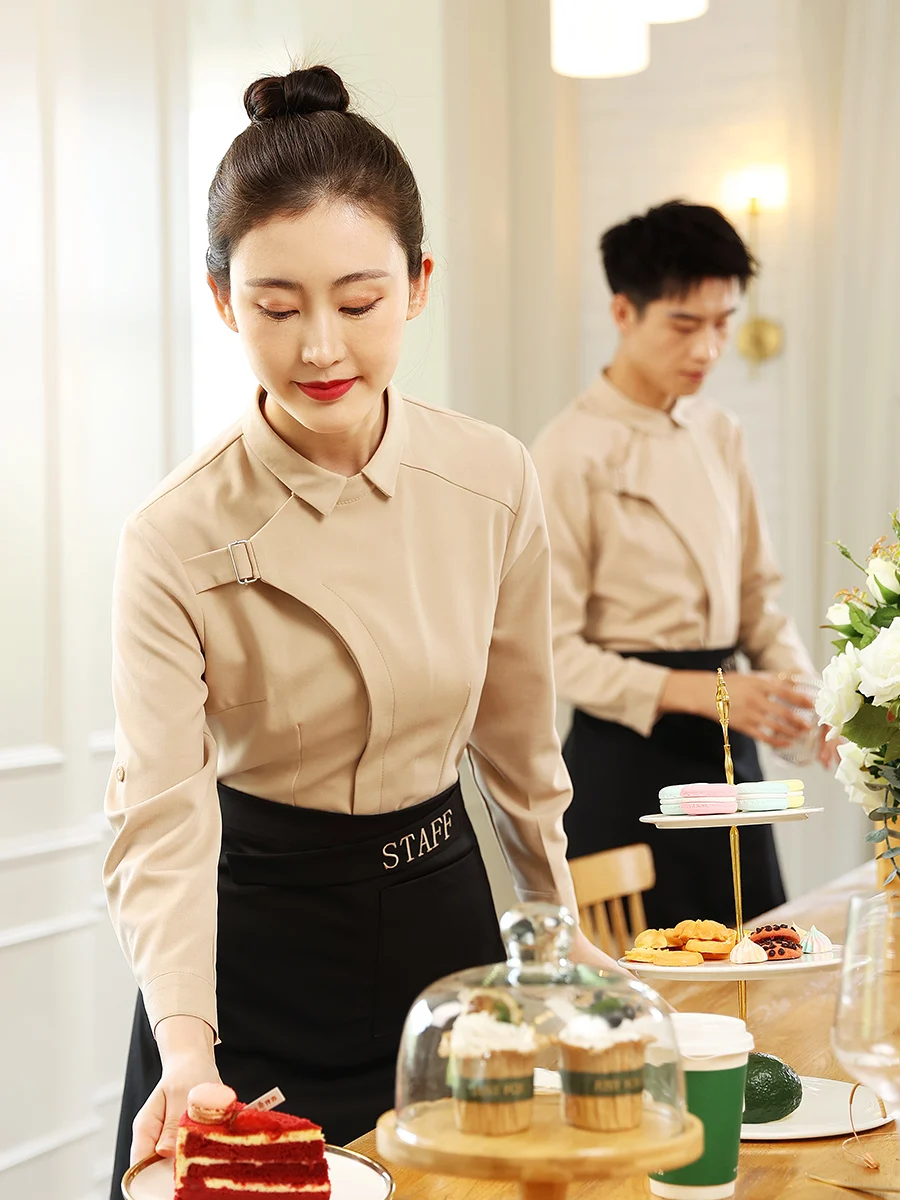 2023 Spring/Autumn New Bakery Customer's Logo Embroider Work Uniform Catering Pastry Master Shirt+Apron Set Hotel Waitress Cloth