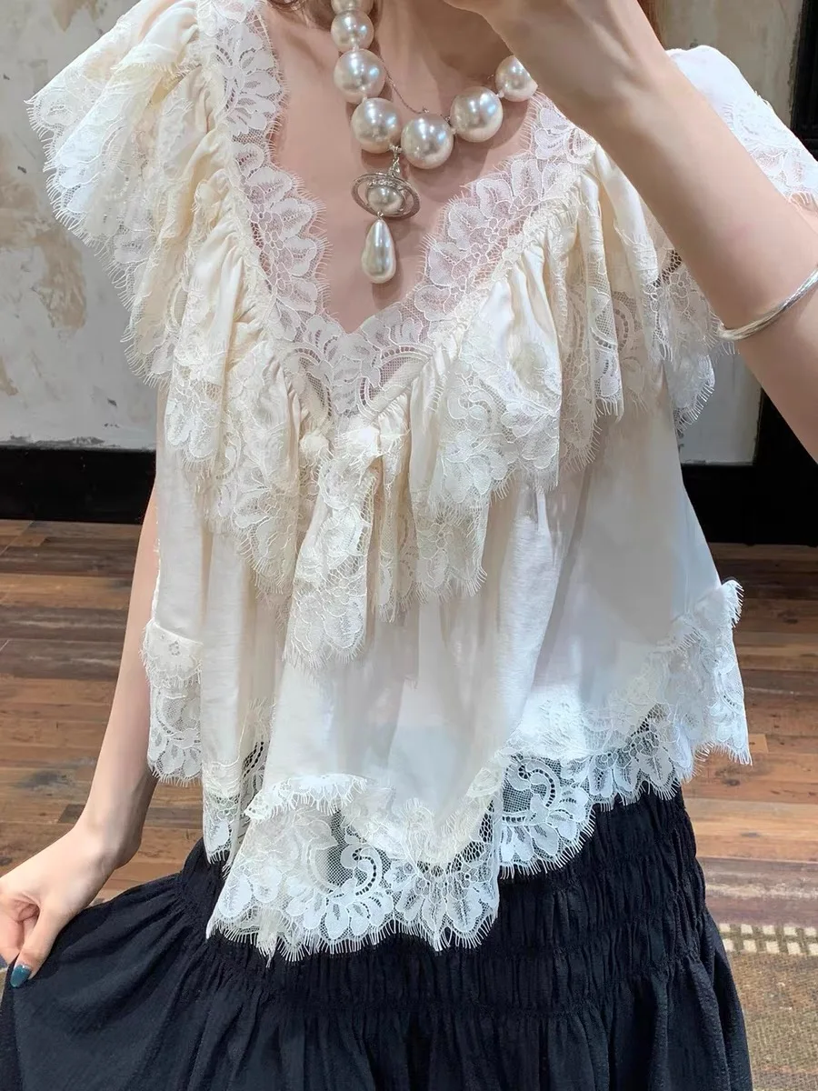MIJUE Lace Trim Slimming Shirt Unique Holiday Gentle Style Loose Fit Short Sleeve Polyester Casual Elegant Women's Top