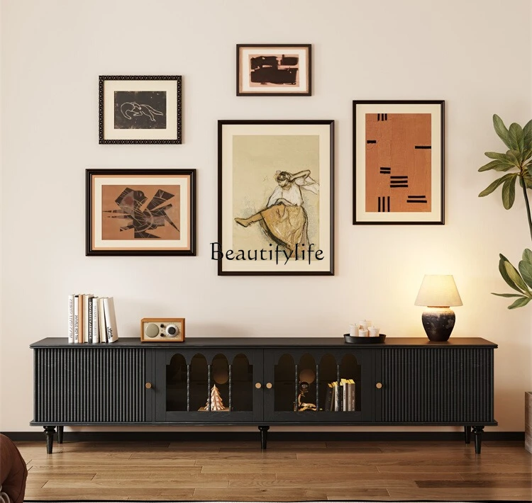 

Medieval black solid wood TV cabinet high-end French retro high cabinet