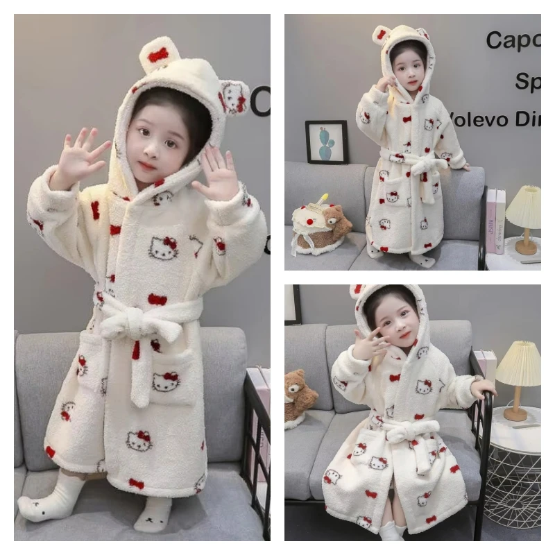 

Лидер продаж, пижамы Sanrio для девочек, кавайный аниме, модный зимний детский теплый халат с капюшоном и длинными рукавами, детская одежда