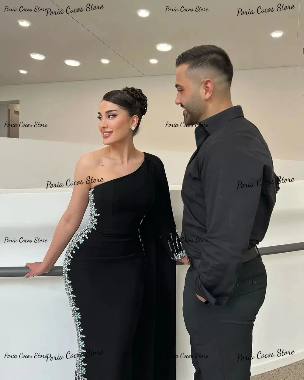 Maßgeschneidertes Abendkleid mit einer Schulter und langen Ärmeln, Meerjungfrau, sexy, rückenfrei, formelle Party, schwarze Abendkleider für Frauen, Saudi-Arabien – Detail 3