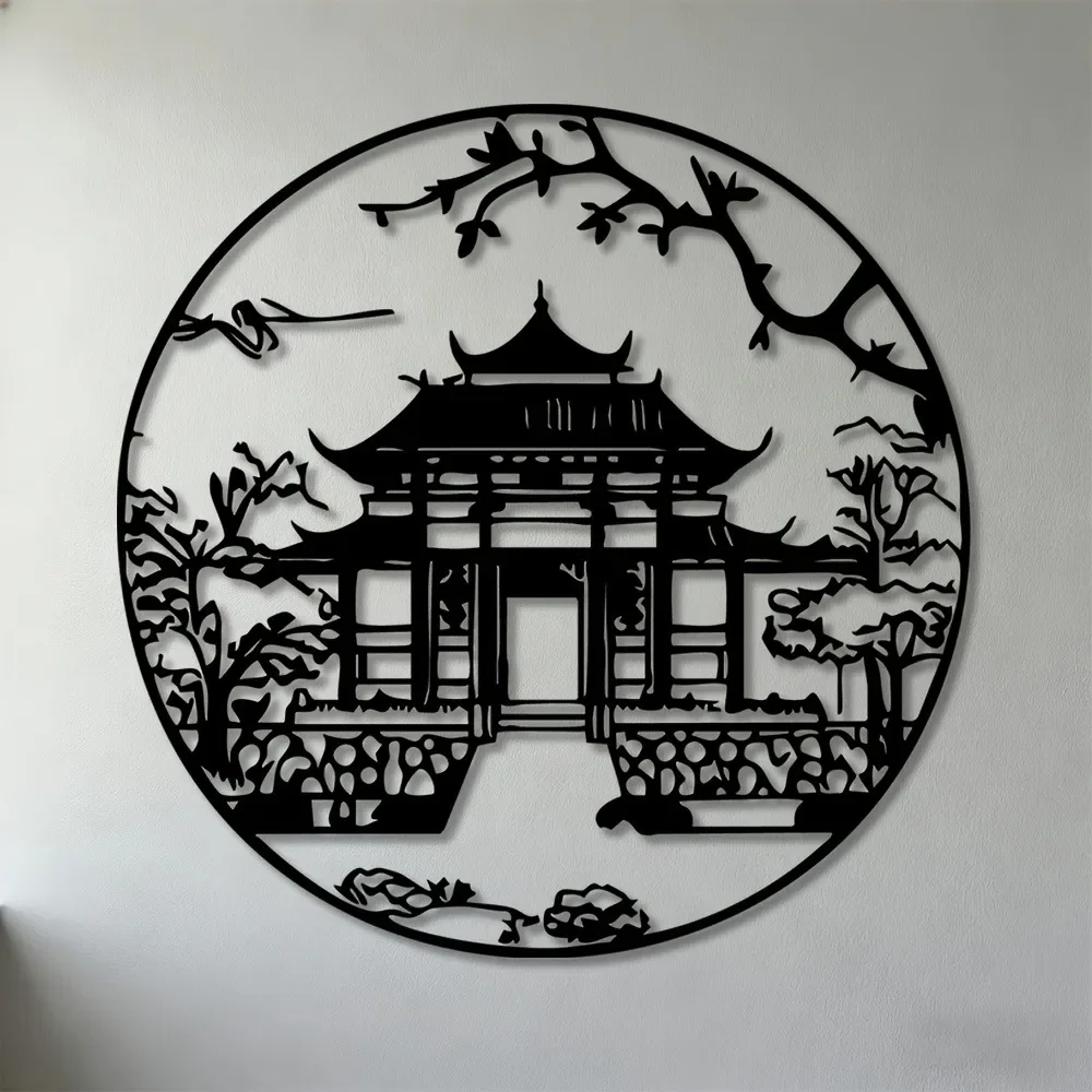 CIFBUY Metal Wall Art,2D Flat Laser Cut Chinese Pavilion Iron Hanging Sculpture,Rustproof Powder‑Coated Wall Decor