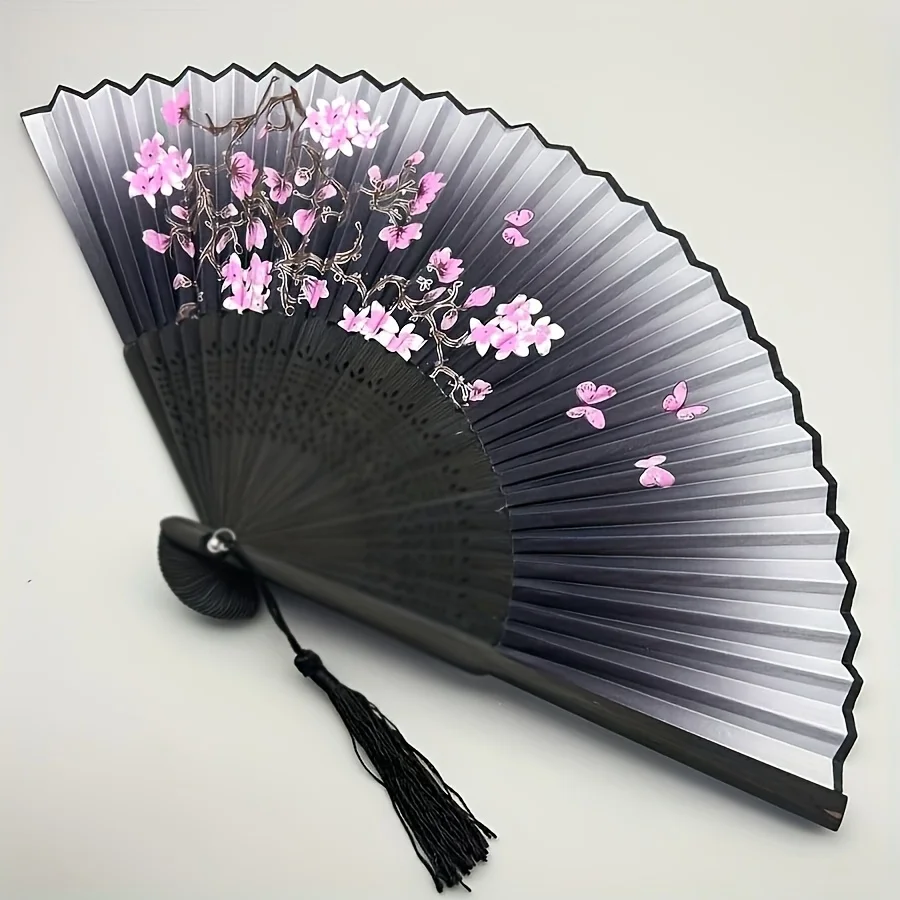 1pc Elegant Cherry Blossom Bamboo Folding Fan,Vintage Style,Black to Purple Gradient,Tassel Detail,Traditional Chinese