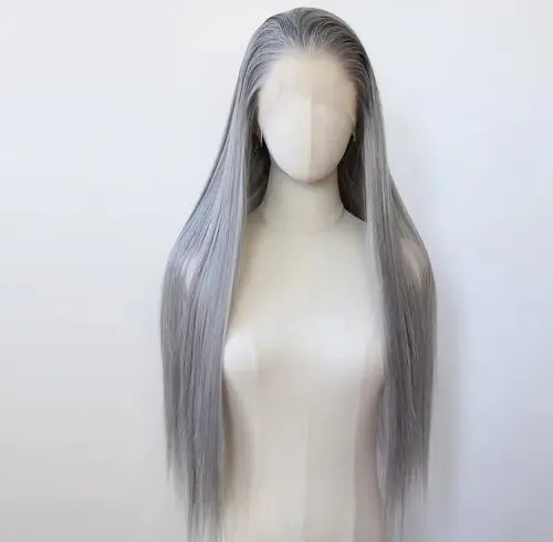 Grandma Grey Synthetic Lace Front Wig Long Straight Lace Front Synthetic Wig Pre Plucked Heat Resistant Hair Daily Wear Cosplay