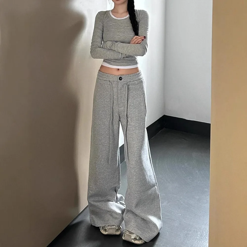 

Gray Wide-leg Sports Sweatpants Women's Autumn/winter 2025 New Loose Slimming High-waisted Drawstring Straight Slacks