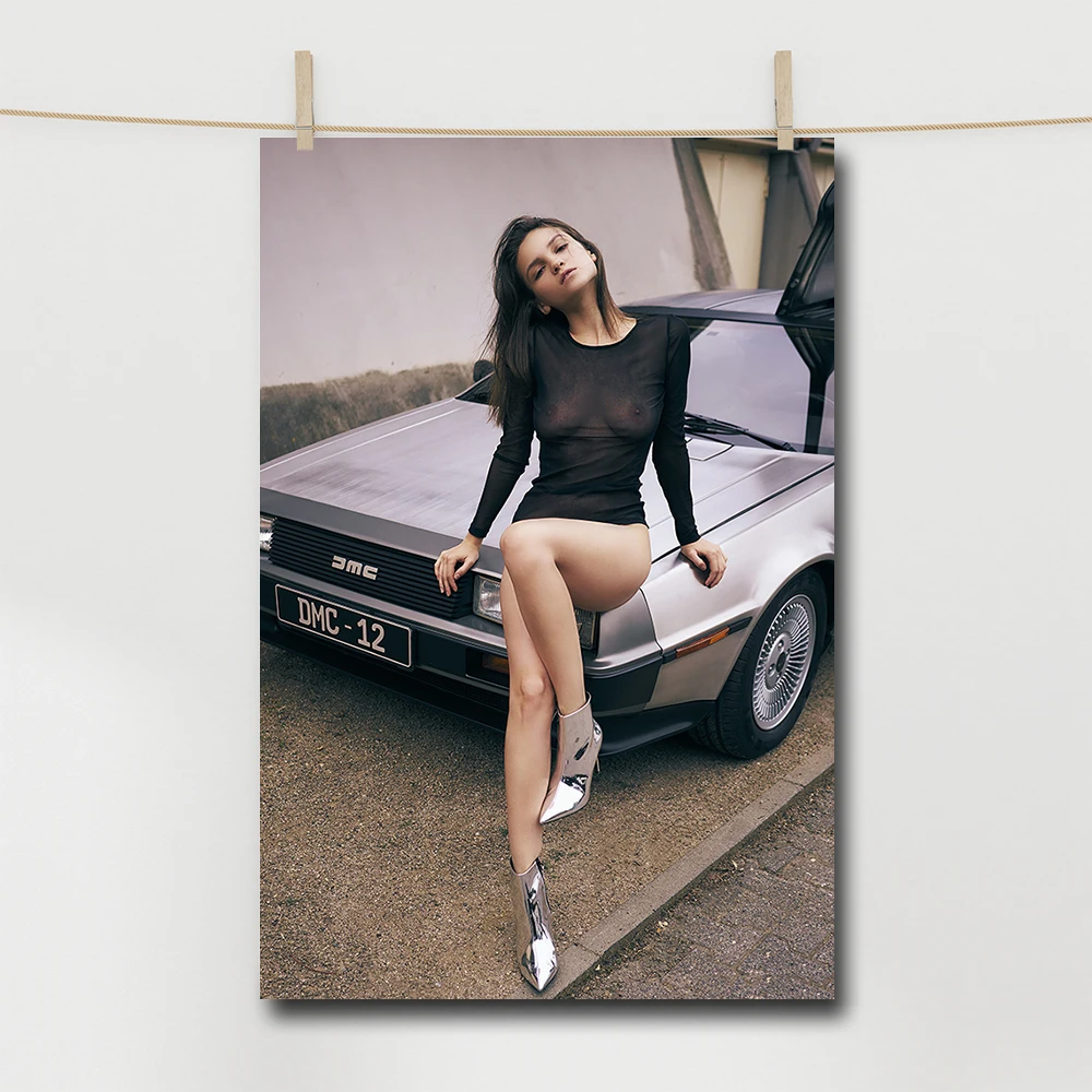 Delorean DMC-12 and Girl Poster Unframed Wall Art Canvas Painting Pictures Print For Living Room Home Decor