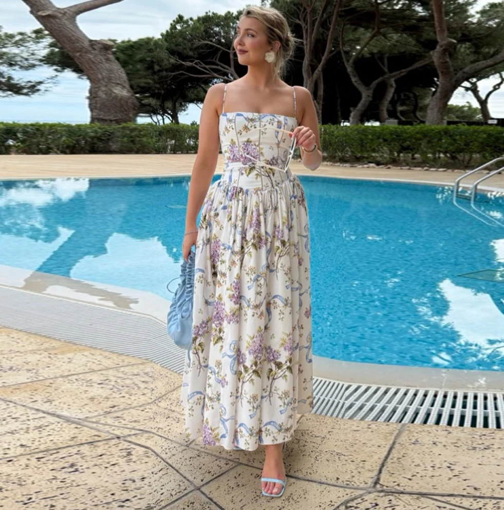 여성용 여름 의류 미디 우아한 드레스 신상품 화이트 플로럴 프린트 휴가용 드레스