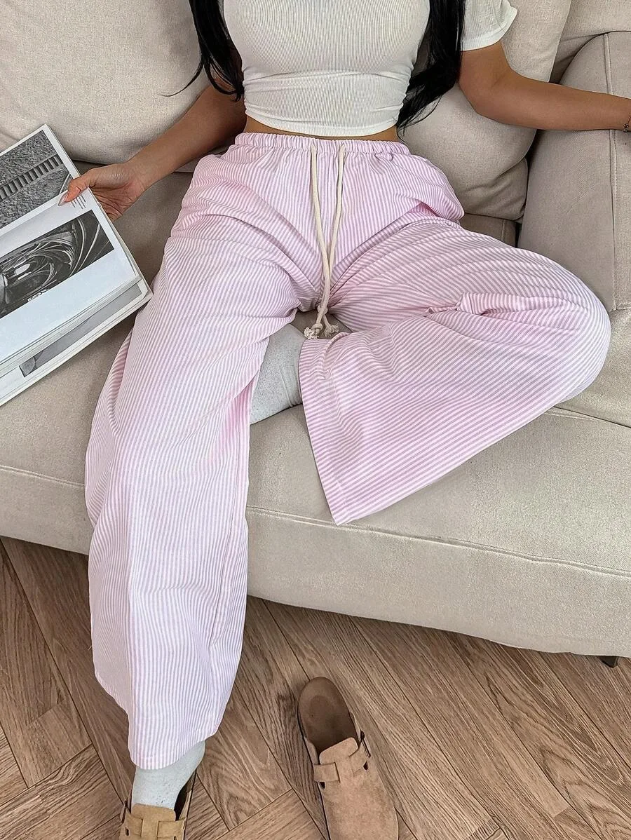 Pink Striped Casual Drawstring Long Pants Women Summer New Chic Streetwear Classic Straight Pant Sweet Cute Vintage Trousers Y2K