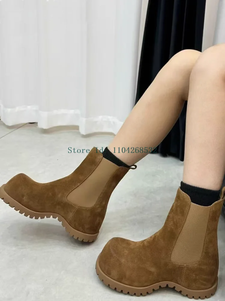 

Suede Motorcycle 2024 New Arrivals Boots Height Increasing Anti-Skid Round Toe Ankle Booties Slip On Solid Black Brown