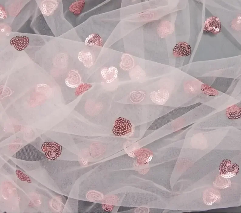 6 colori Love Heart ricamo con paillettes Tessuto di pizzo Morbido tulle di pizzo per abito cupcake Costume da ballo Abito da ballo Abito da ragazza