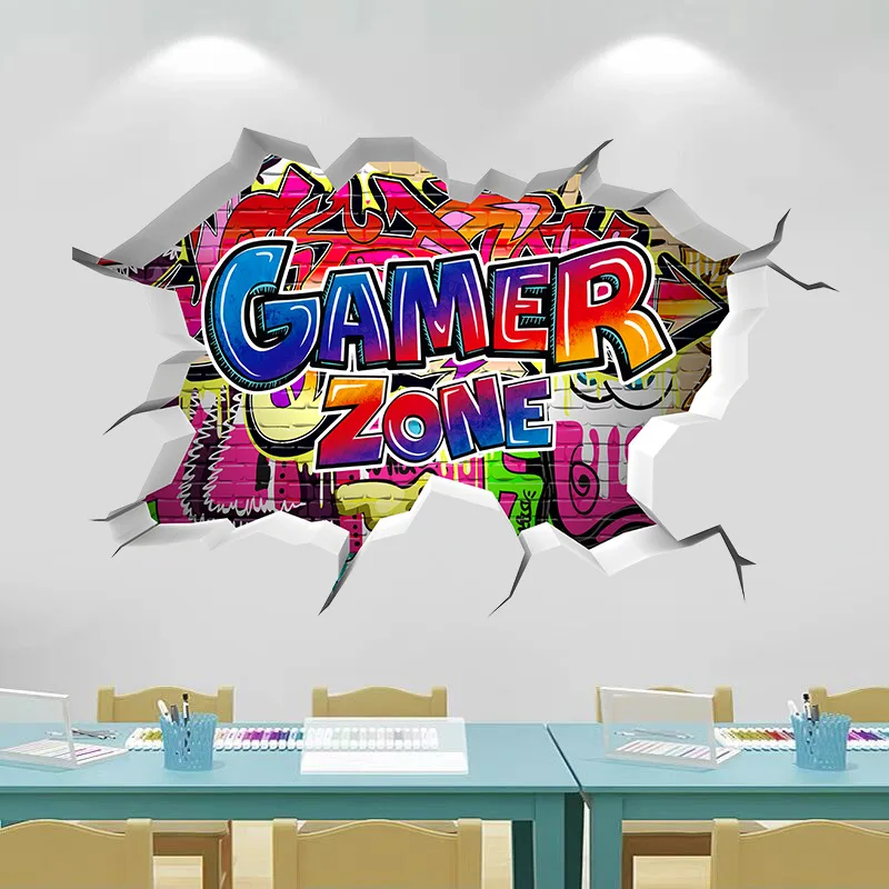 Cool 3D Gamer Broken Wall Art Vinyl Anime Poster Stickers for Kids Room Boy Bedroom Game Zone Home Decoration Cartoon Play Mural