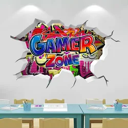 Cool Gamer Broken Wall Art Vinyl Anime Poster Stickers for Kids Room Boy Bedroom Game Zone Home Decoration Cartoon Play Mural