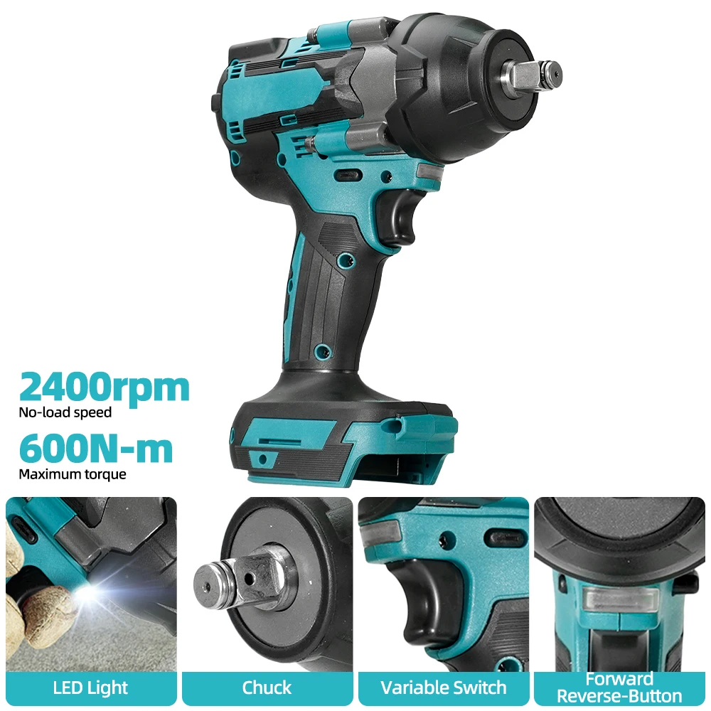 600N.m Cordless Brushless Electric Impact Wrench High Torque Driver Hand Drill Socket Power Tool Light for Makita 18-21V Battery