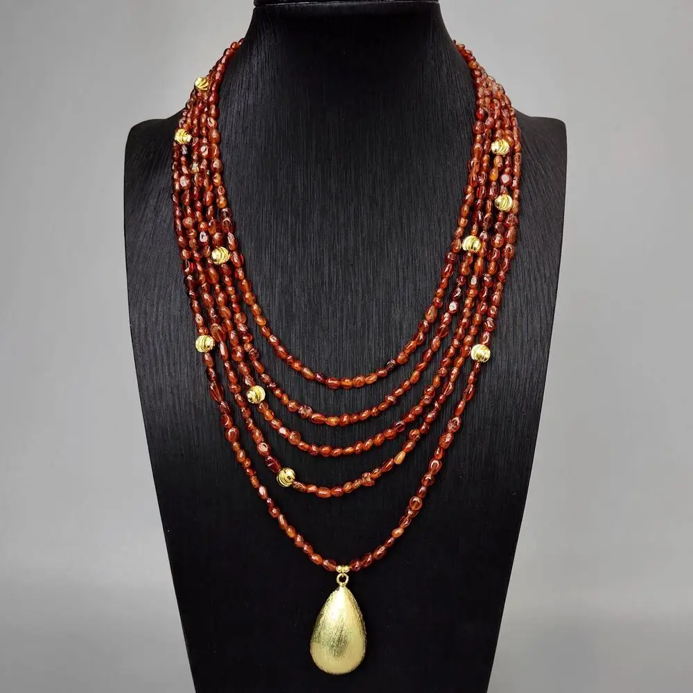 

yygem 4 Strands 5-6mm Orange Garnet Necklace 24x38mm Teardrop Pendant Multi Gemstone Jewelry