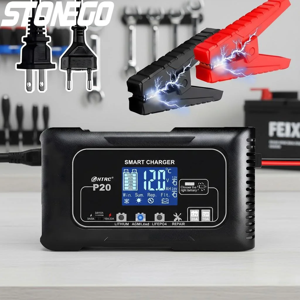 

12V-24V Smart Car Battery Charger Temperature Adaptive 3-Level Current Repair Lead Acid AGM LiFePO4 Multiple Protections