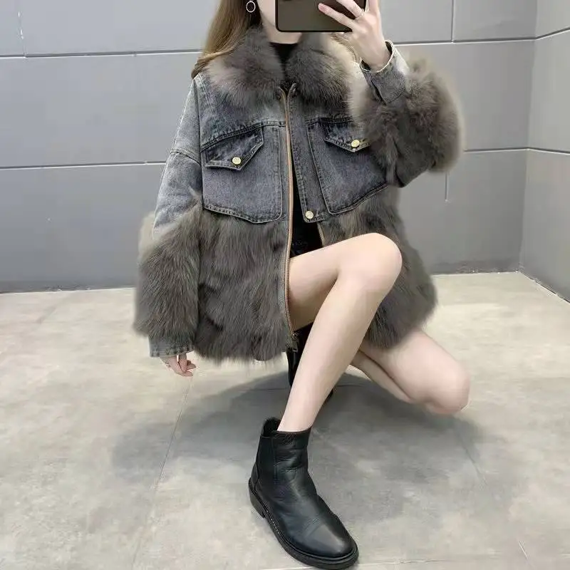 2024 Fur Coat High-end Denim Fur Korean Version Overcoming Casual Cotton Denim Coat Fashion Winter Stitching Down Jacket Y129