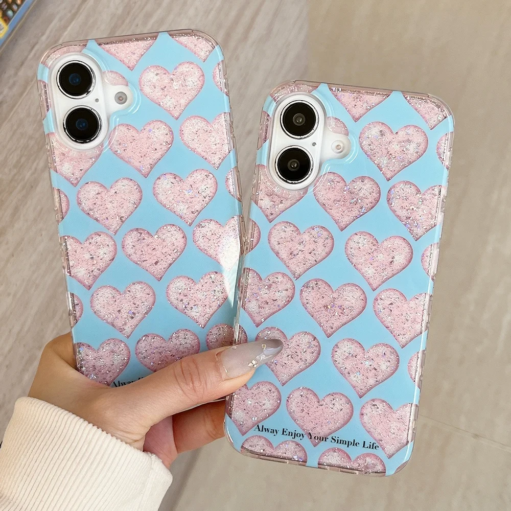 

Новый корейский чехол для телефона INS Glitter Love с двойным слоем и принтом для iPhone 17 16 15 14 13 Pro Max, противоударный защитный чехол