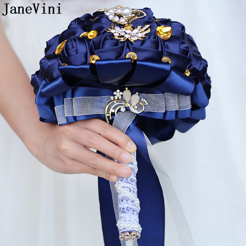 Janevini azul marinho casamento buquê charme fleurs 2022 luxo ouro cristal strass flores de noiva artesanal rosa fita flor